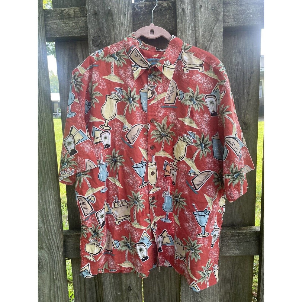 REYN SPOONER Cocktail Short Sleeve Button Cotton Hawaiian Shirt Men Size L